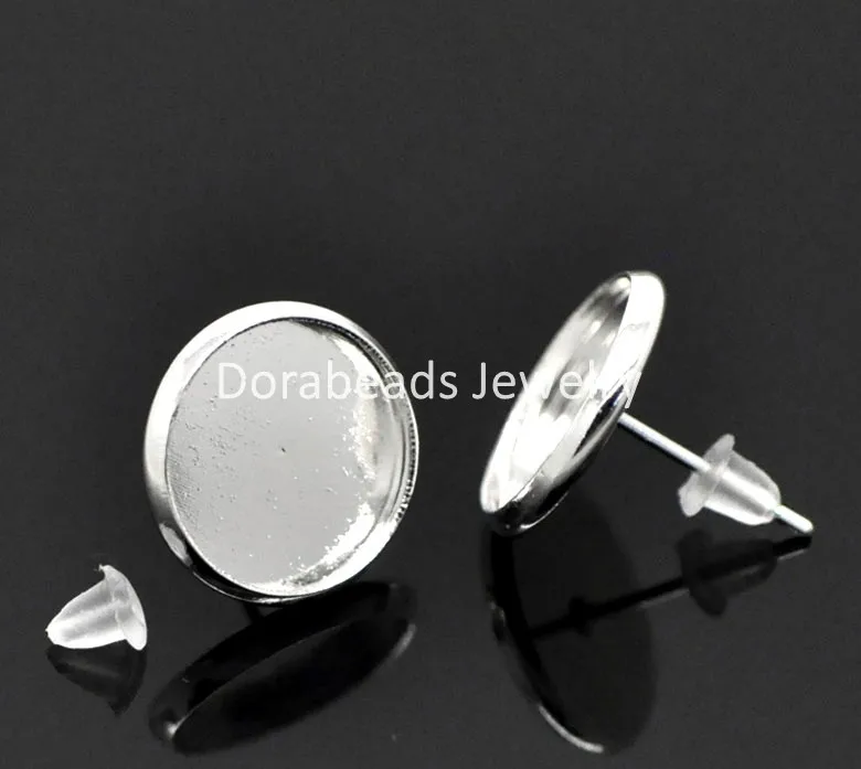 Free Shipping! 25 Pairs Silver Plated Round Cabochon Settings Earring Post 14x14mm(Fit 12mm Dia.) (B20751) | Украшения и