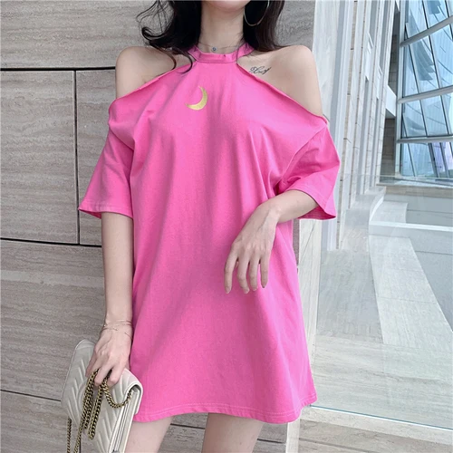Pink T-shirt Женские футболки Харадзюку с принтом Луны, короткий рукав, без бретелек, Свободный Топ, футболки, Летние повседневные футболки для женщин - Цвет: Pink T-shirt