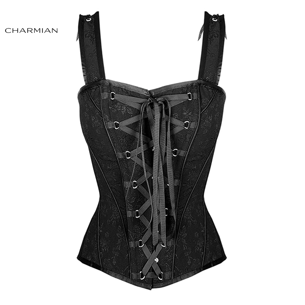 Black Charmian женский сексуальный винтажный корсет в викторианском стиле, жилет с цветочным принтом, свадебные корсеты и бюстье с лямками на плечах, корсеты - Цвет: Black