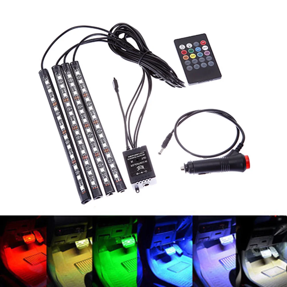 4 шт. 12 В автомобиля RGB светодиодные ленты автомобиля Гибкая бар 5050SMD Интерьер Декоративные Атмосфера стикеры полосы дистанционное управление для автомобиля RGB свет