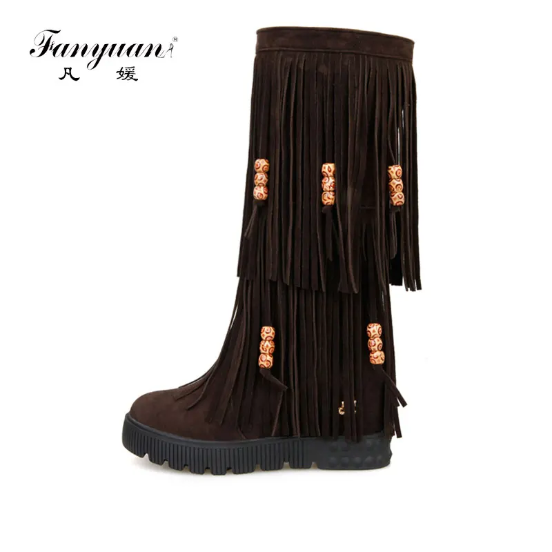 

Fanyuan New Flock Winter Women boots High heels over the Knee high bota shoes Fringe Tassels Fashion long boots woman 34-44