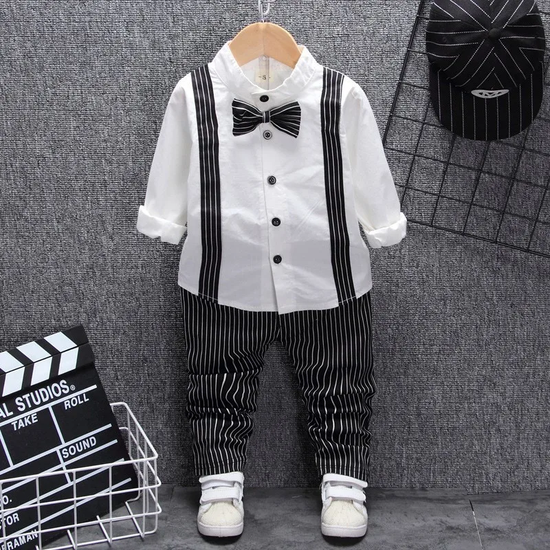 SJBB striped White Демисезонный для маленьких мальчиков и девочек одежда с бантами для детей, костюмы для мальчиков, футболка, штаны, пояс, 3 шт./компл. модная одежда для малышей Повседневная одежда - Цвет: SJBB striped White