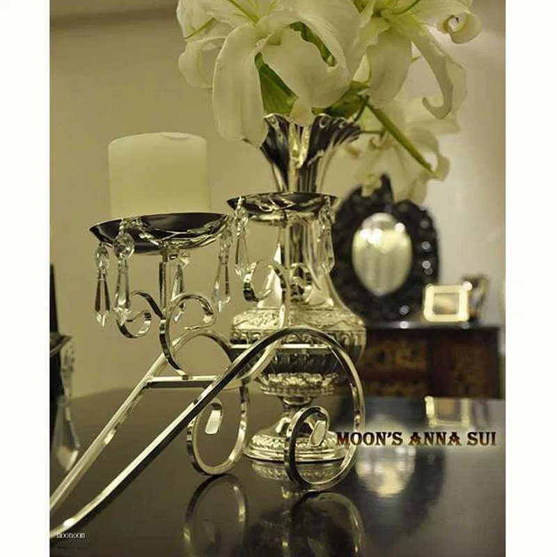 

Silver plated Metal candle holders with crystals stand pillar Europe for Christmas wedding decoration portavelas candelabra
