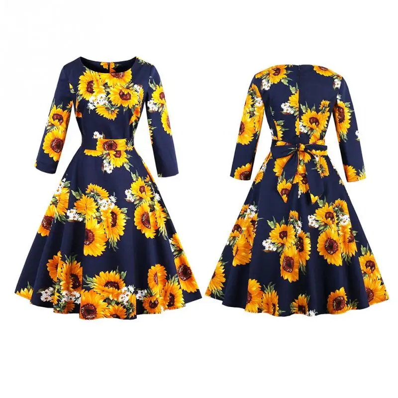 Винтажное модное женское платье с цветочным принтом и рукавами три четверти
