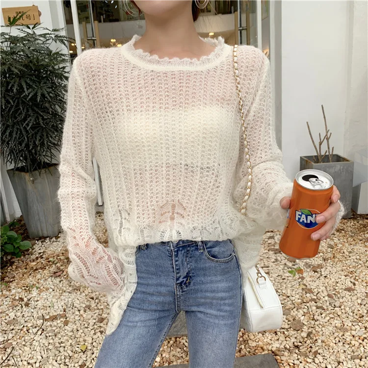 HAMALIEL New Summer Autumn Fashion Loose Sweater Tops Korean Chic Sky Blue Knitted Hollow Out Sexy Pollovers Thin Casual Jumpers | Женская