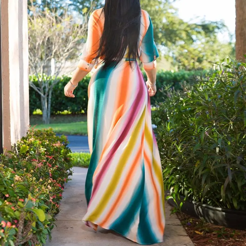 Женское длинное платье в радужную полоску летнее Повседневное большого размера