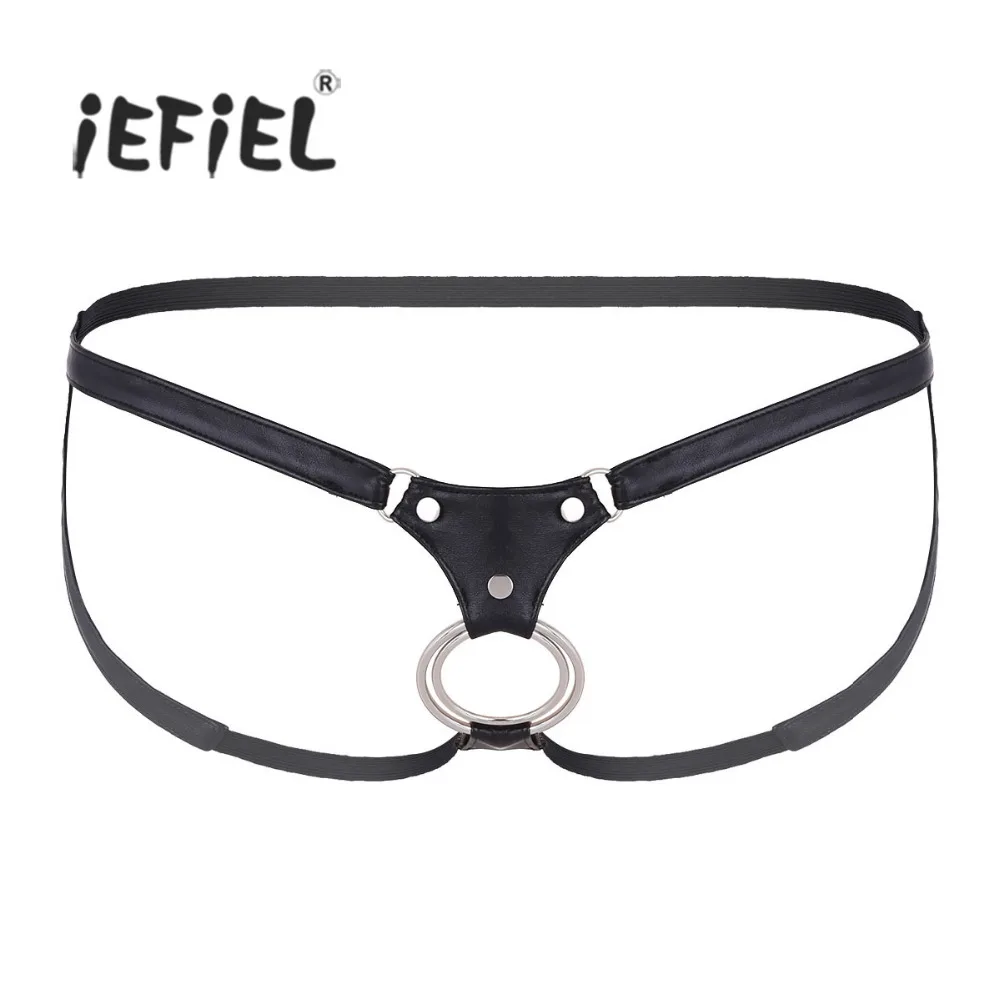 

iEFiEL Mens Lingerie Open Back and Hollow Out Jockstraps Wetlook Gay Panties Low Rise Bikini G-string Underwear with Metal Rings