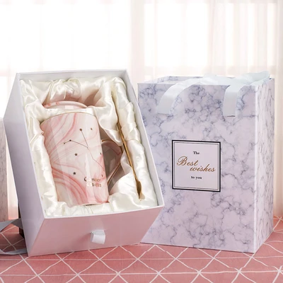 With gift box OUSSIRRO натуральный мрамор 12 созвездие керамическая розовая Зодиак кружка с крышкой кофейные кружки творческая личность чашка 400 мл без свинца - Цвет: With gift box