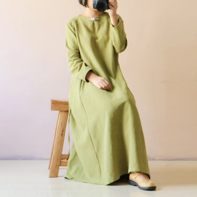 Spring Autumn New Original Design National Wind Solid Color Cotton Dress Long Section Large Size Retro Plate Button | Женская одежда