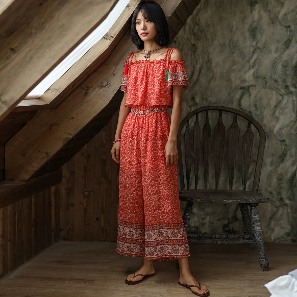 Комбинезоны с завышенной талией свободные брюки принтом и кисточками в богемном