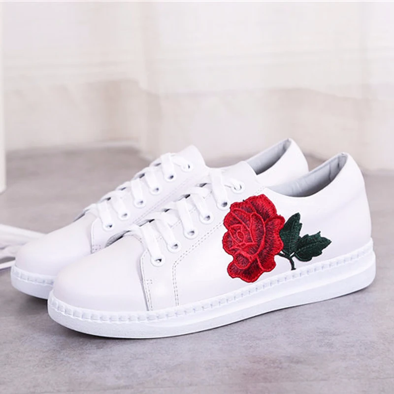 Peony embroidery national British style sports shoes real leather white women flat size 35-40 | Обувь