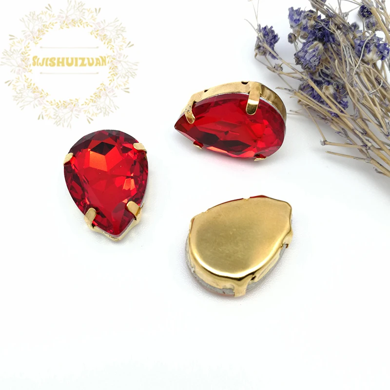Best-selling Red Water drop shape Crystal Glass Sew-on Rhinestones with gold Claw DIY wedding Dresses and Clothes | Дом и сад