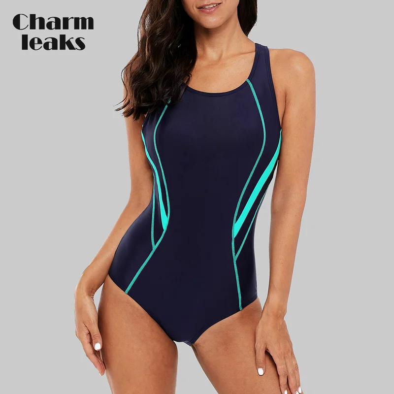 Charmleaks Женский сдельный спортивный купальные Костюм спортивный купальник открытая спина пляжная одежда купальный костюм Тренировочный бикини Монокини - Цвет: Nav