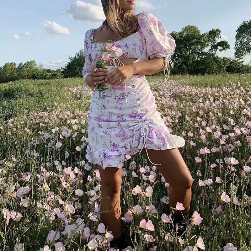 Шикарное вечернее мини платье с цветочным принтом 2019 женские кружевные буфы на