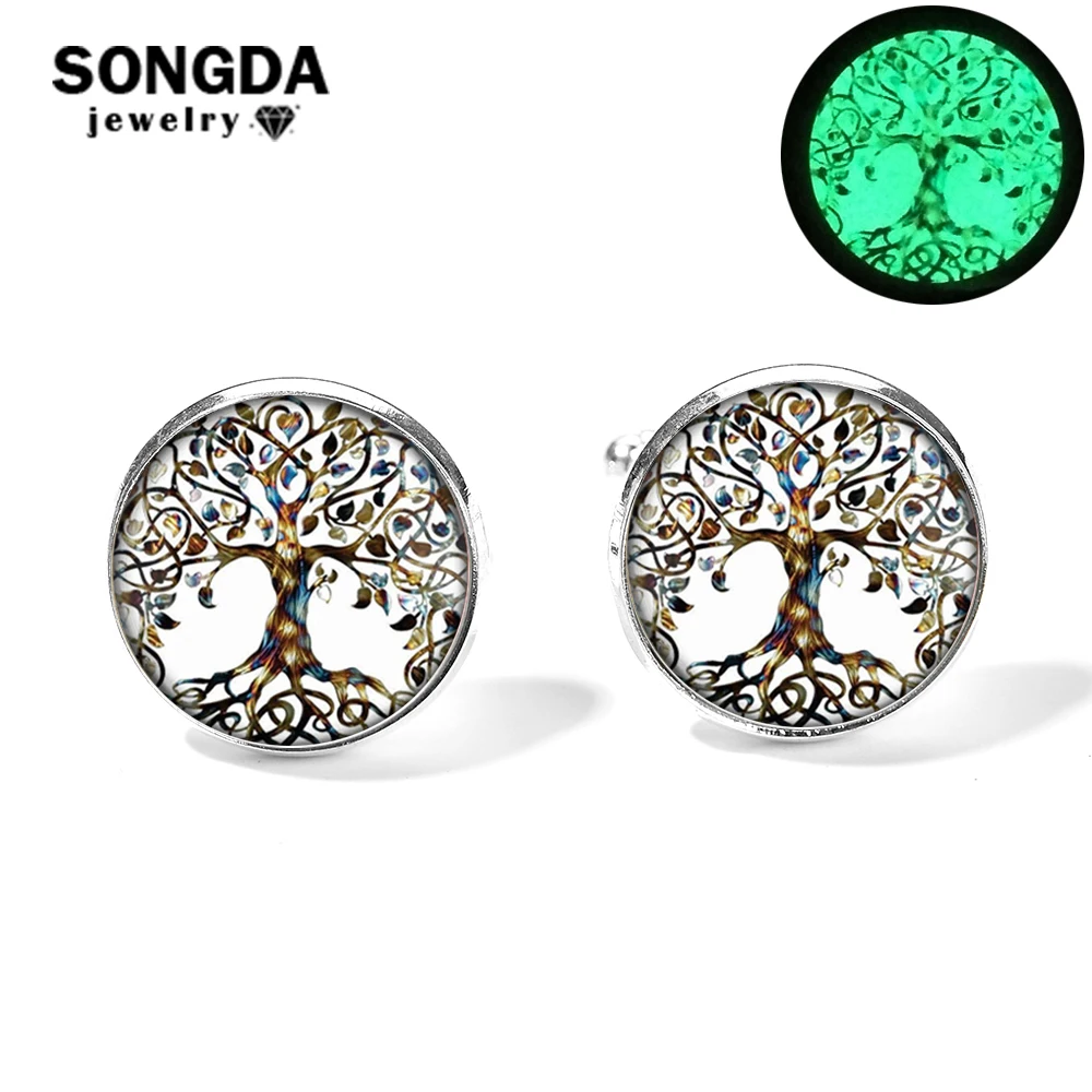 

SONGDA Newest Glowing Cufflinks Silver Plated Round Tree of Life Photo Glass Cabochon Gem Cuff Button Fit Wedding Business Party