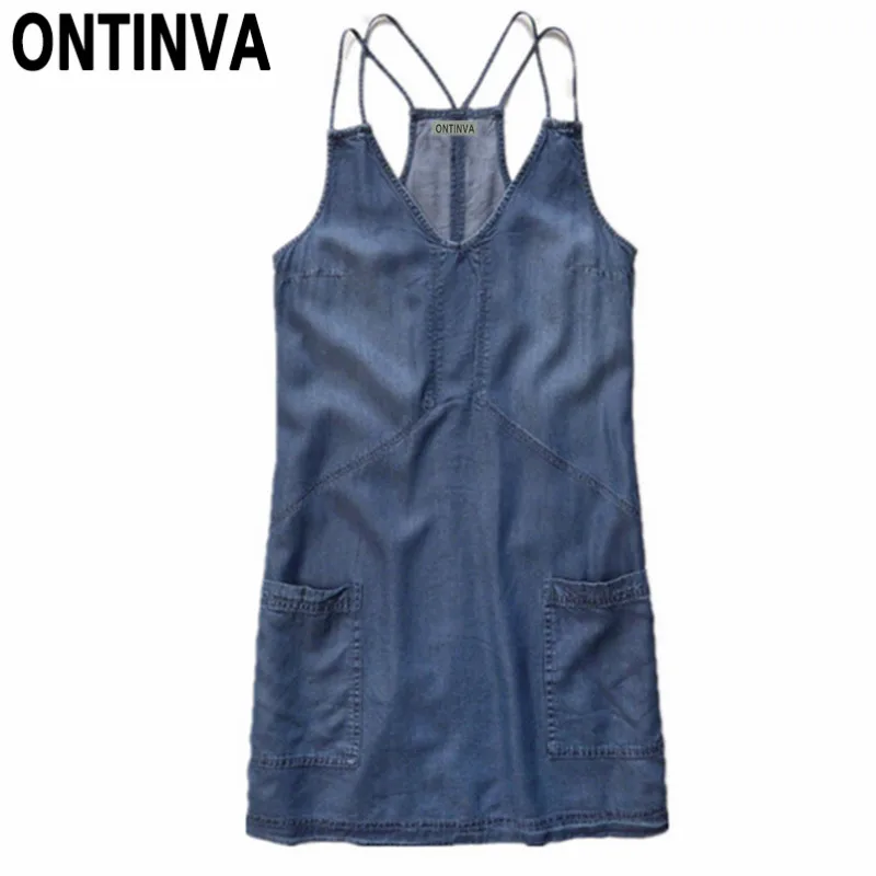 Летнее Синее джинсовое платье на бретелях для женщин повседневное свободное