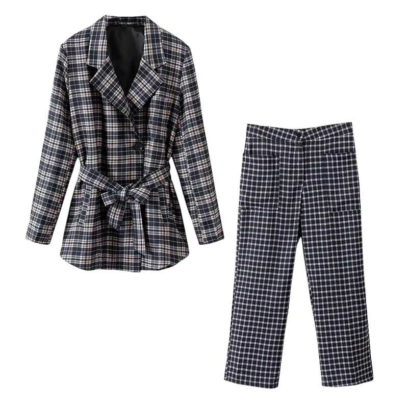 Винтажный женский длинный клетчатый Блейзер женские брюки костюм комплект