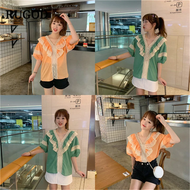 RUGOD New Arrival Women Stiching Shirt V-neck Half Lantern Sleeves Loose Lace Ruffles Blouse Sweet Temperament Mujer Blusa