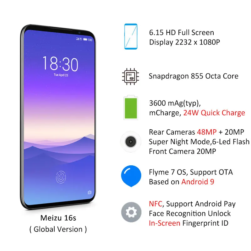 Meizu 16s, 6 ГБ, 128 ГБ, глобальная версия, Meizu16s, Snapdragon 855, мобильный телефон, 48мп камера, NFC, Google Pay, большая батарея, быстрая зарядка