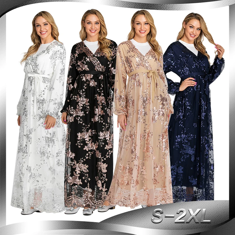 Женское мусульманское платье макси с блестками Abaya Dubai Morrocan кафтан хиджаб