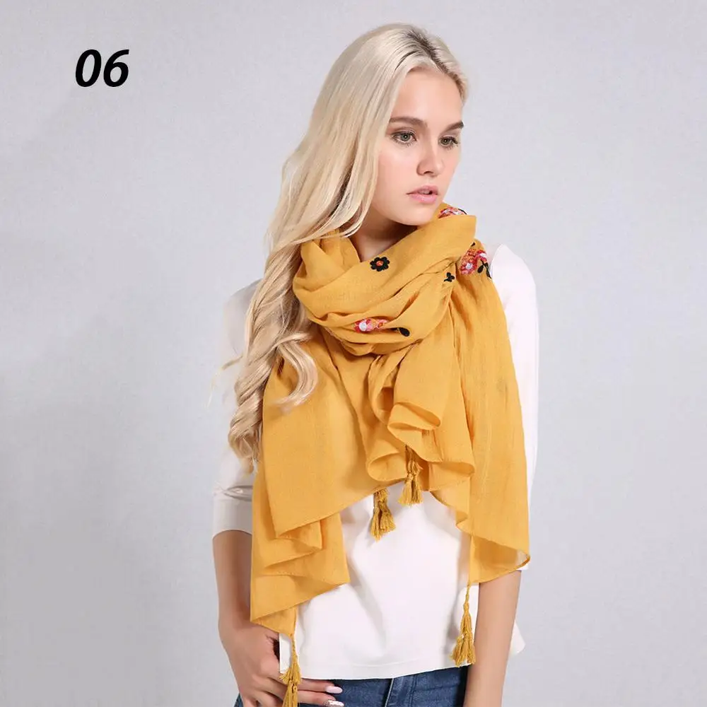 06 Yellow Sparsil, Женский однотонный шарф из хлопка и льна, Ретро стиль, вышивка, повседневная большая шаль, 180x90, весна-осень, защита от солнца, мягкие шарфы - Цвет: 06 Yellow