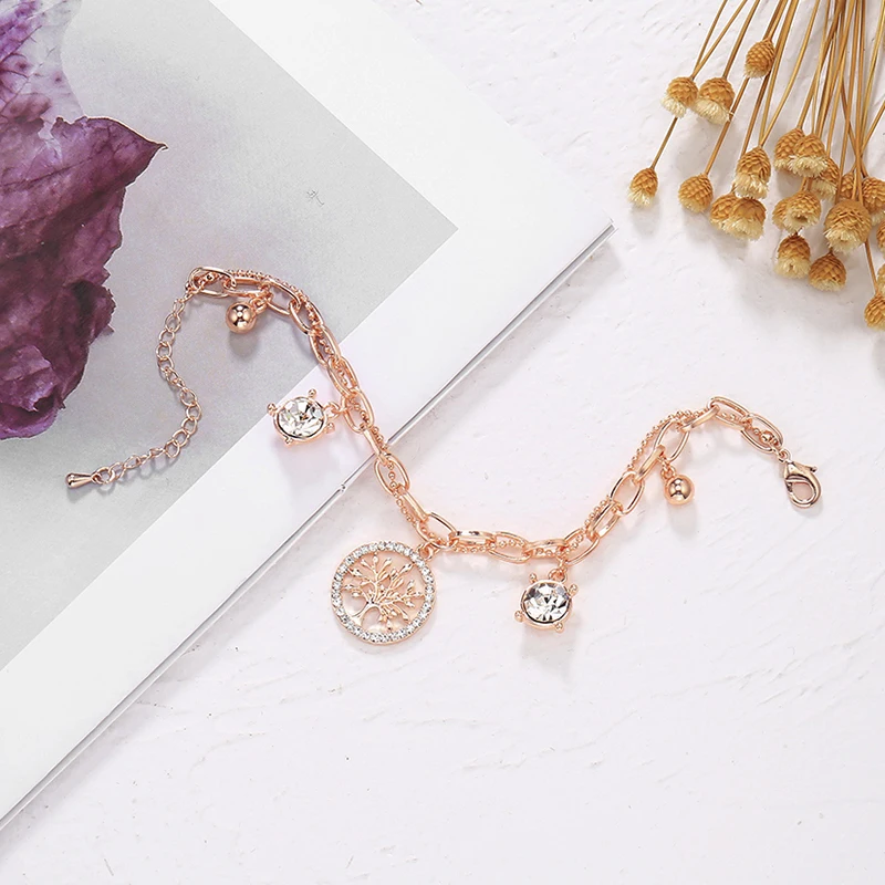 Женские браслеты Золотая многослойная цепочка Древо жизни и большой кристалл