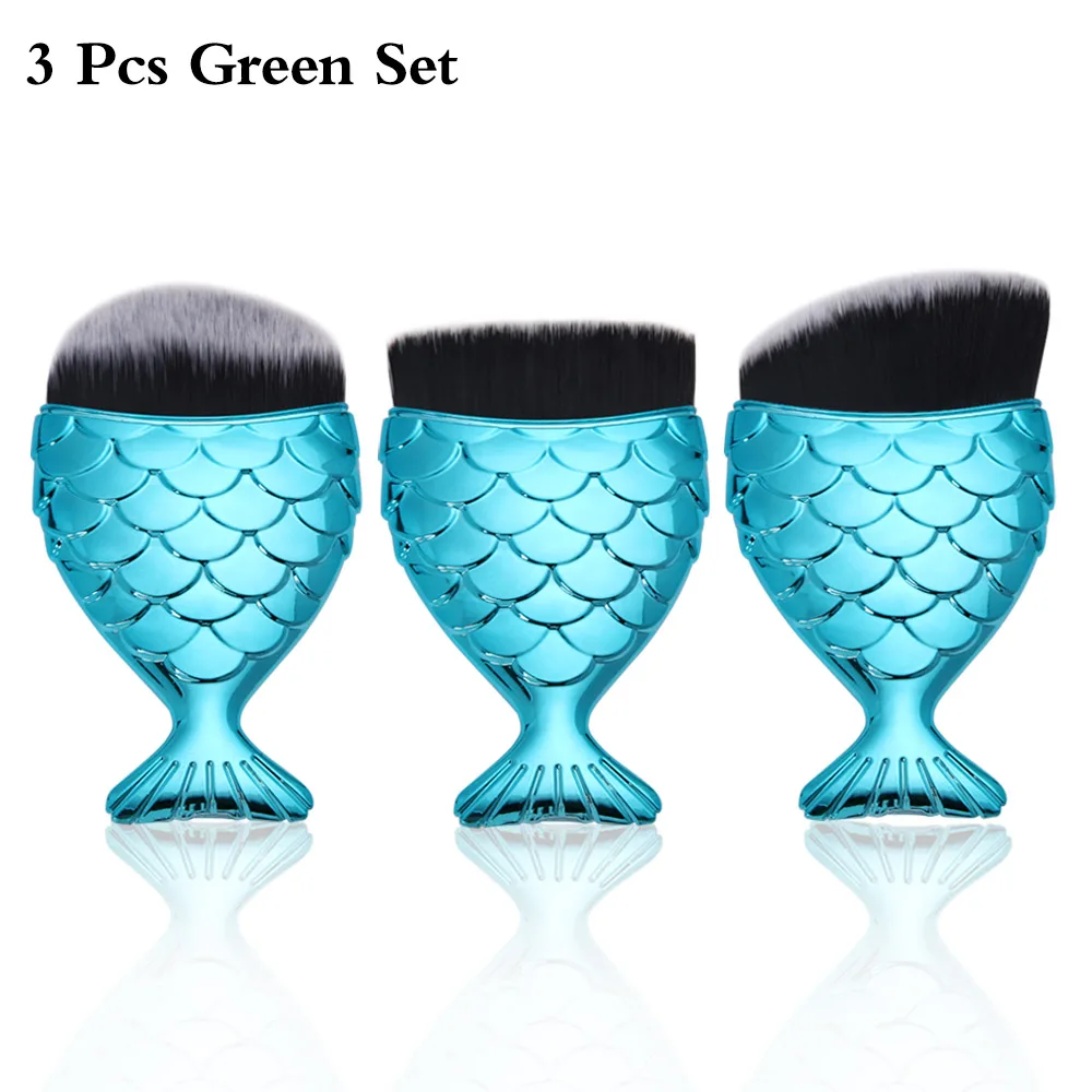 3Pcs Green Set 1 шт. модные косметические чешуя Русалки кисти для макияжа косметический рыбий хвост Пудра основа для лица кисти для румян набор de maquiagem - Handle Color: 3Pcs Green Set