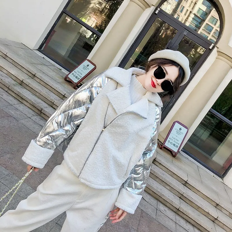 ZURICHOUSE Winter Down Jacket Women's Glossy Cotton Padded Coats Female Loose Short Pink Silver Patchwork Suede Parkas