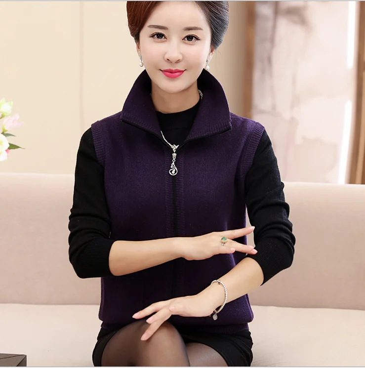 2018 Autumn Middle-Aged Women Cashmere Vest Sweater Coat Knitting Solid Color Plus Size Mother Waistcoat T323 | Женская одежда