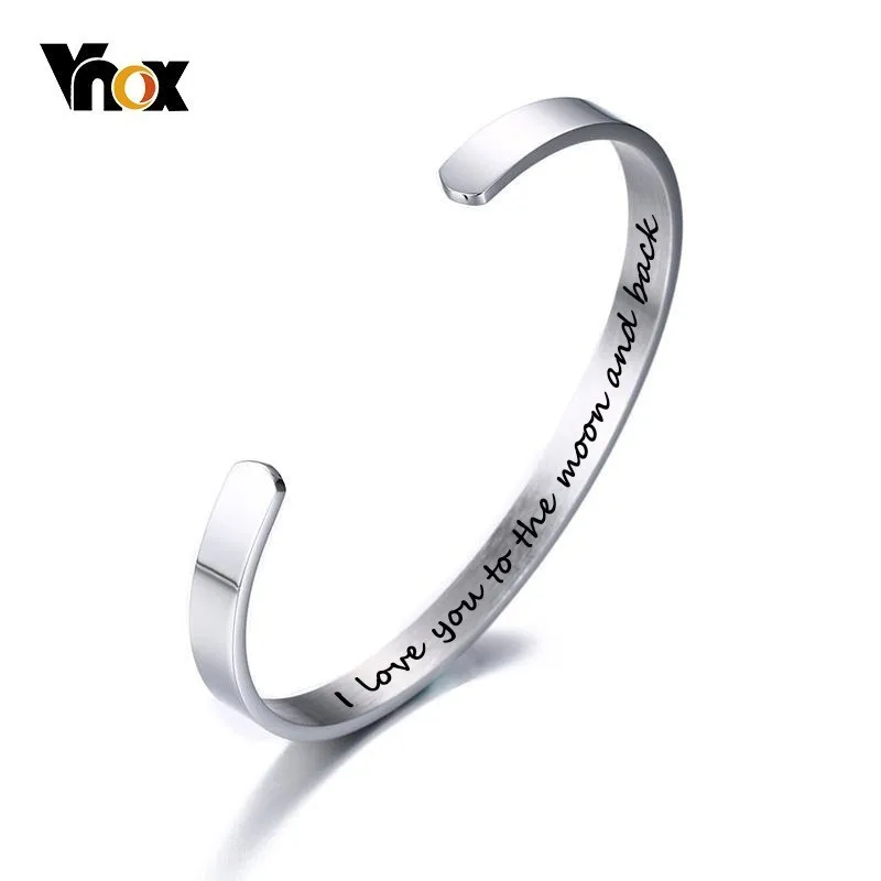 Vnox с надписью «I love you to the moon and back(мама я тебя браслеты манжетного типа Браслеты для Для женщин Для мужчин 6 мм Нержавеющая сталь в едином положении во время занятий легкой атлетикой, влюбленных, друзей подарок - Окраска металла: Посеребренный