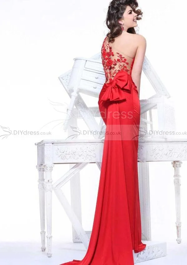 A-line One-shoulder Pleated Yarn Back Bowknot With a sash Prom Dresses / Evening | Свадьбы и торжества