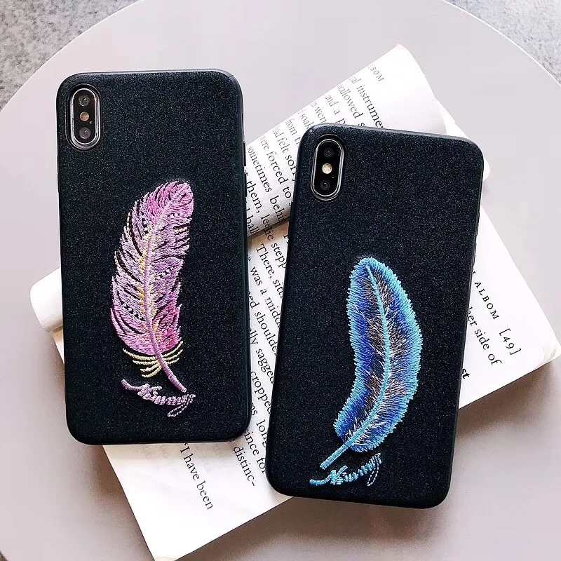 Embroidery Feather Matte Case for iphone7/8plus Phone Cover iphone 6s case xs max Girls Funda para Back |