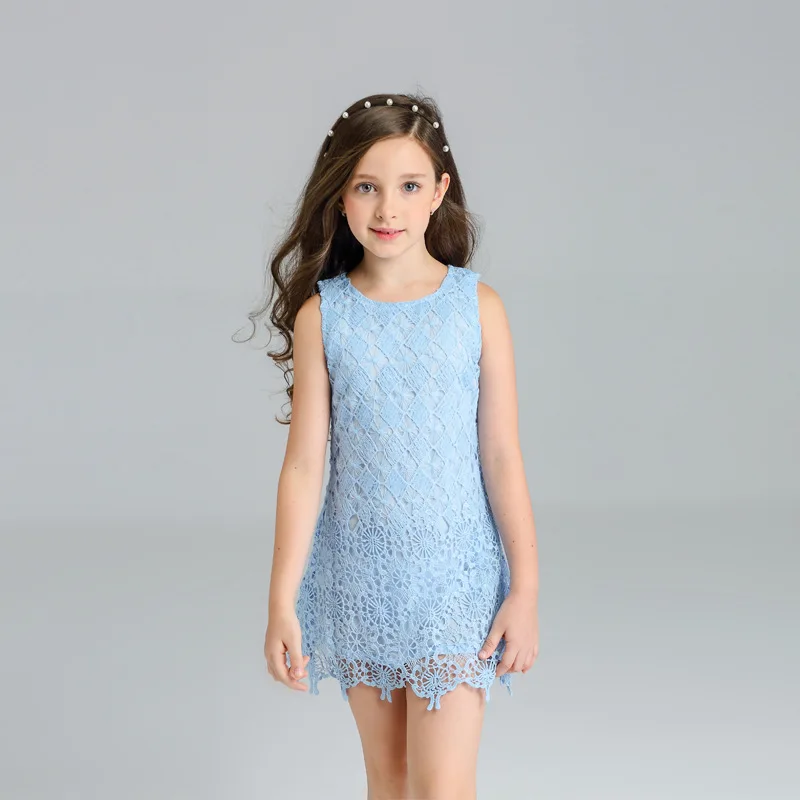 High Quality Children Baby Girl Clothes Summer Dress Kids Dresses Sleeveless Blue Lace Bow Fashion Princess V20 | Детская одежда и