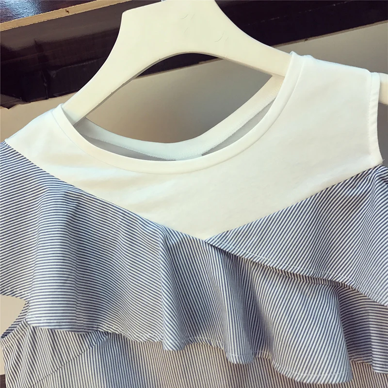 

Women' Summer Lar Size Set New Strip Short Sleeve + Denim Bandage skirt 2 Piece Set Ms Ruffle Tops &Half body Skirt Fashion Set