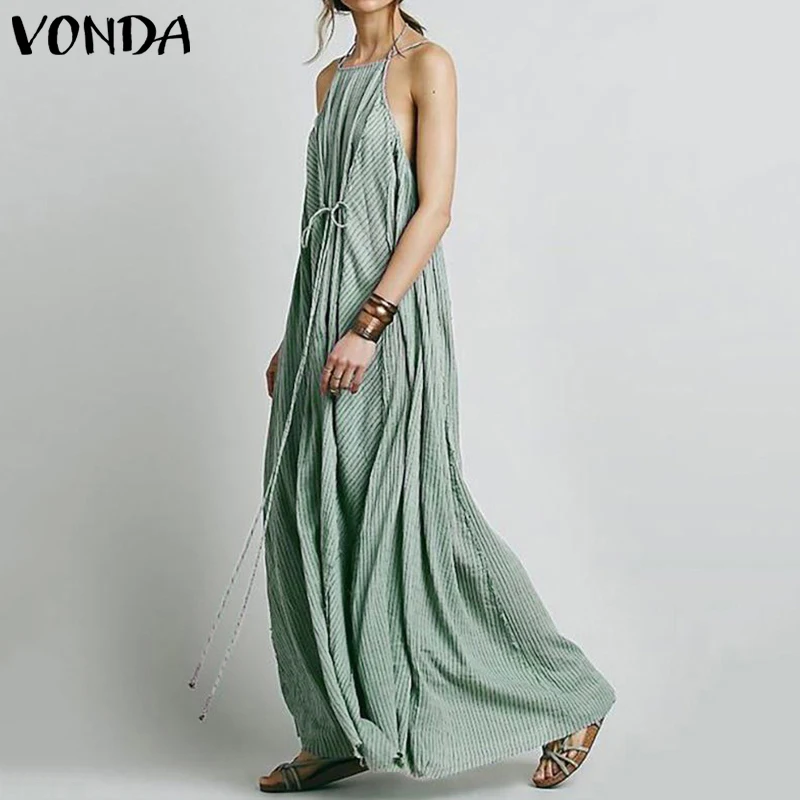 VONDA, 5 цветов, богемное длинное платье макси, винтажное сексуальное летнее платье без рукавов, праздничное платье, сарафан, повседневное пляжное платье, большие размеры