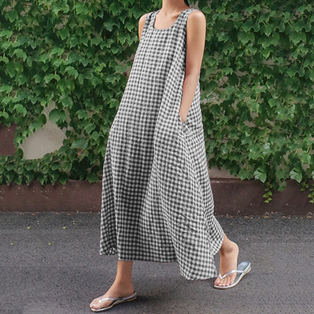 Модные летние платья рубашки 2019 свободный женский сарафан в клетку без рукавов с
