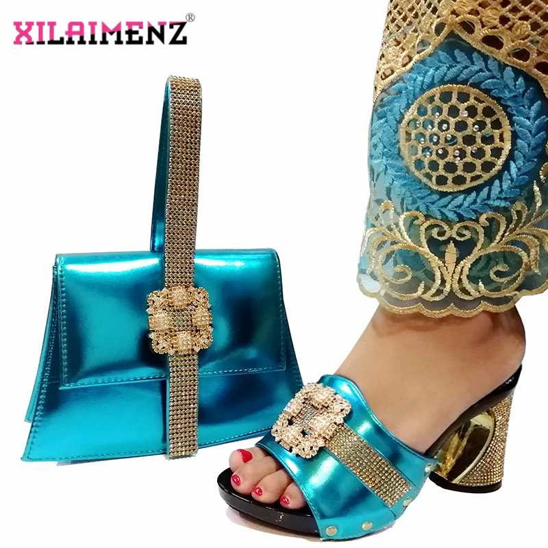 

2019 Peach Color Comfortable Heels African Shoes with Matching Bag for Woman Italian Shoes and Bag Set with Crystal