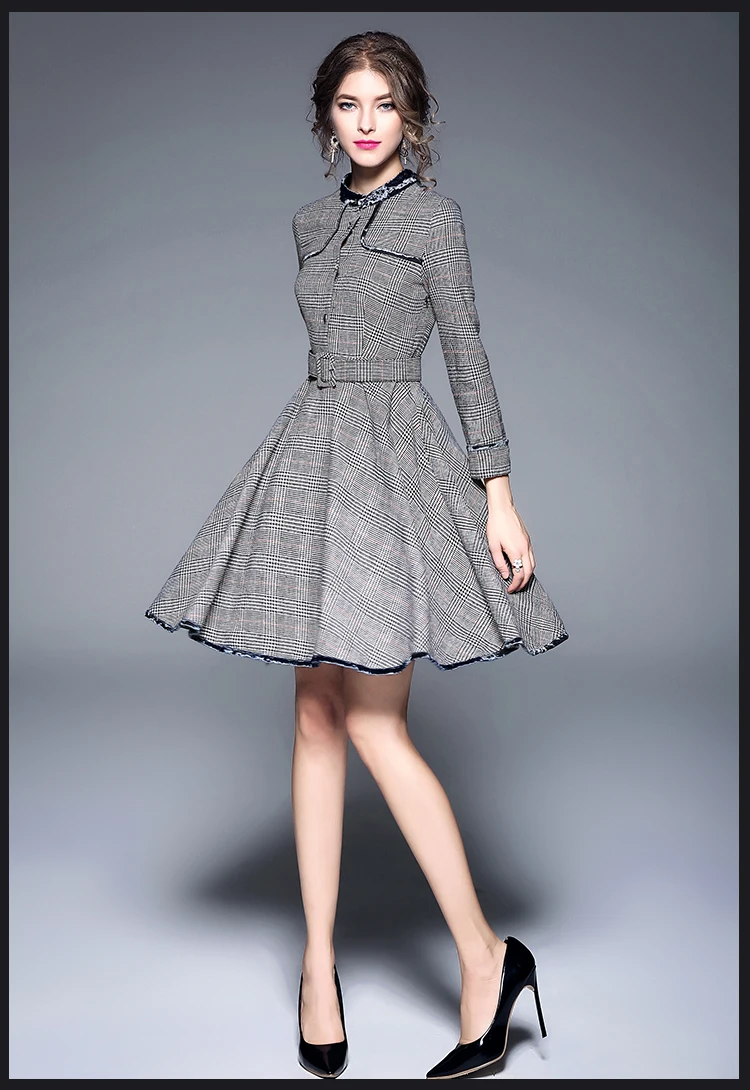 2019 осенне зимнее элегантное клетчатое платье с широкой юбкой женское облегающее