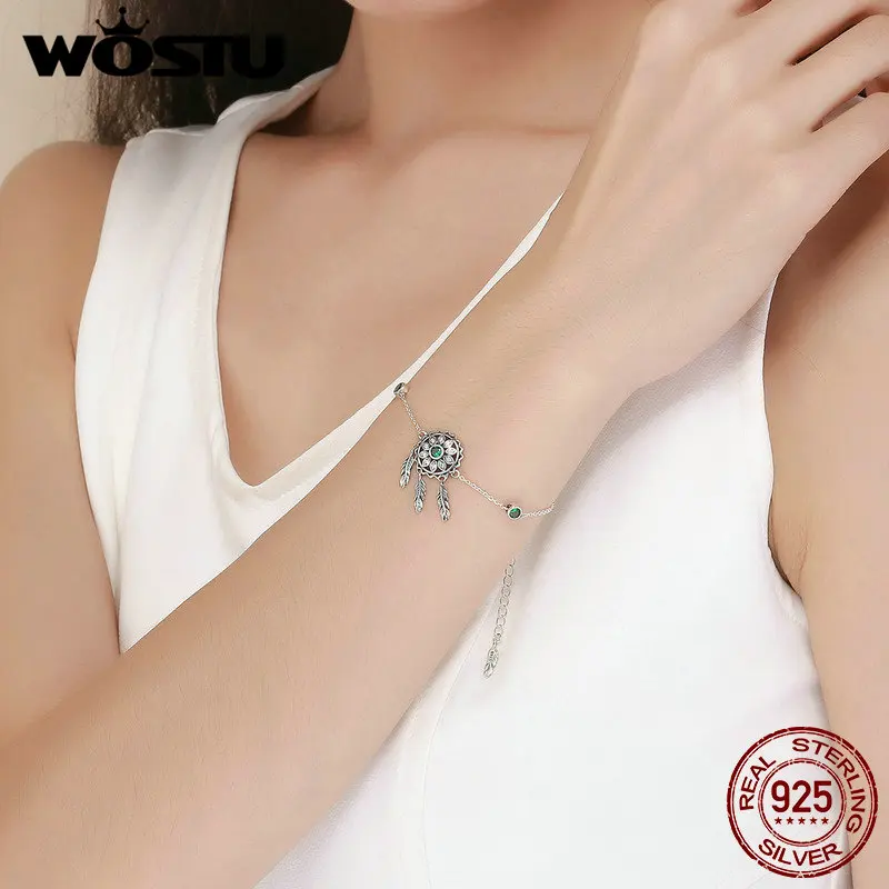 WOSTU New Design 925 Sterling Silver Green Dreamcatcher Chain &amp Link Bracelets For Women Original Authentic Jewelry Gift FIB078 |