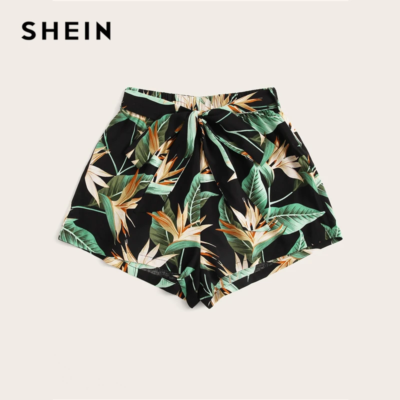 SHEIN/разноцветные богемные шорты с тропическим принтом и поясом, женские летние пляжные шорты для отдыха, повседневные эластичные шорты со средней талией и широкими штанинами