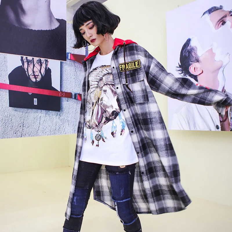 Shirt female long section loose Spring and autumn2018tide brand hooded thin plaid long-sleeved shirt coat |