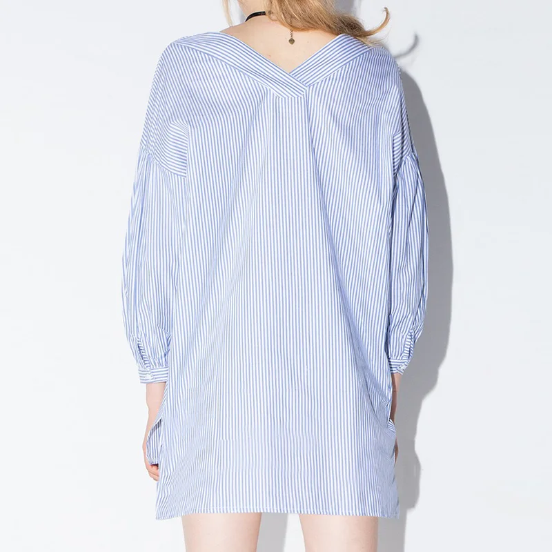 2017 Новый Сладкий Контрастность Синий Белой Полосой Печатные Платья Один Карман