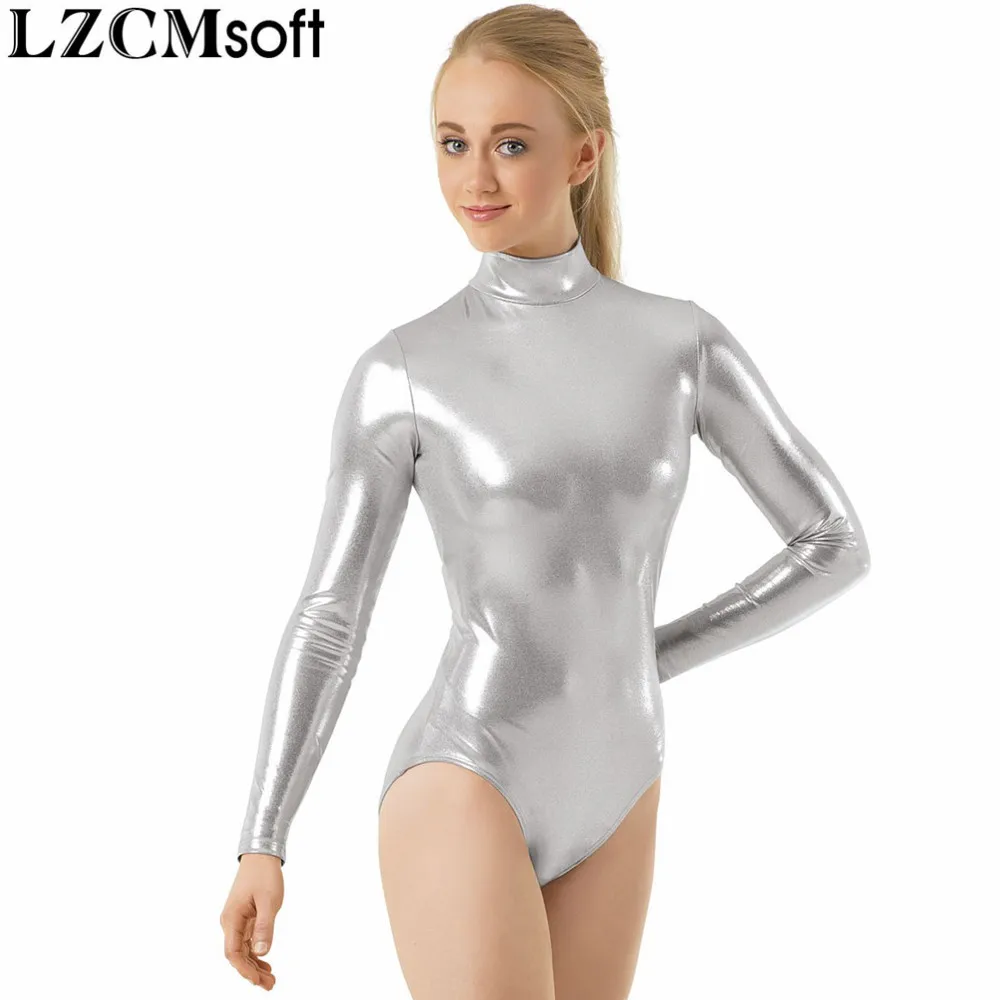 Silver LZCMsoft взрослых Блестящий металлический высокая горловина купальник женский, черный с длинным рукавом гимнастика производительность купальник для балета, танцев команды одежда - Цвет: Silver