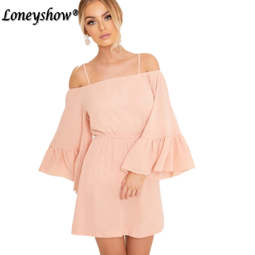 Loneyshow Дизайн оборками вечерние платье Мода 2017 г. Flare с длинным рукавом EmpirePink