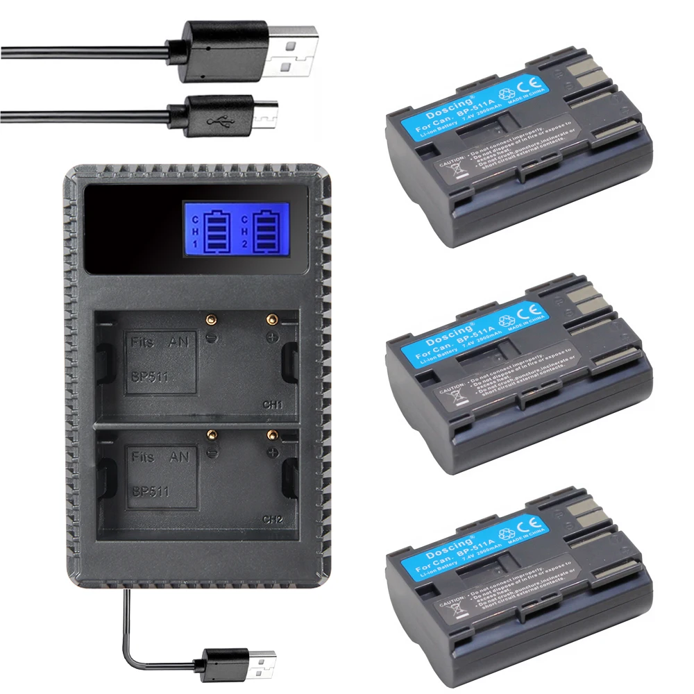 Аккумулятор 3x2000 мАч bateria BP 511 BP511 511A BP511A + двойное зарядное устройство с ЖК дисплеем