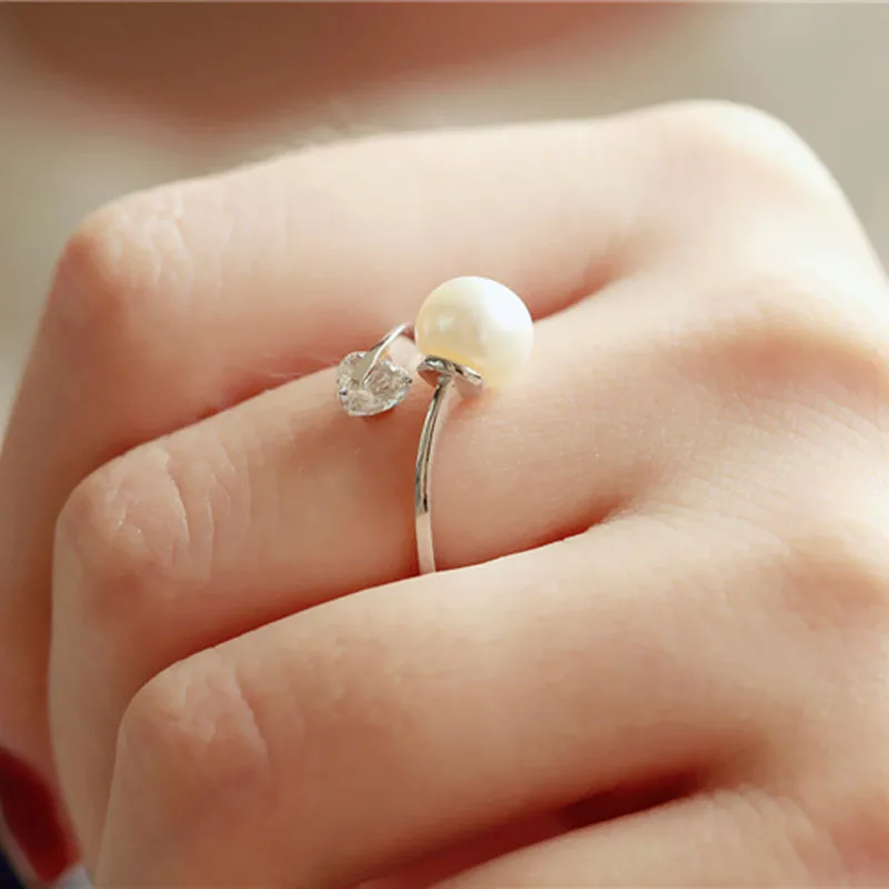 New Women Fashion Simulated Pearl Rings Cute Silver Love Heart Rhinestone Zircon Open Ring Party Jewelry Valentine's Day Gifts|Кольца| |