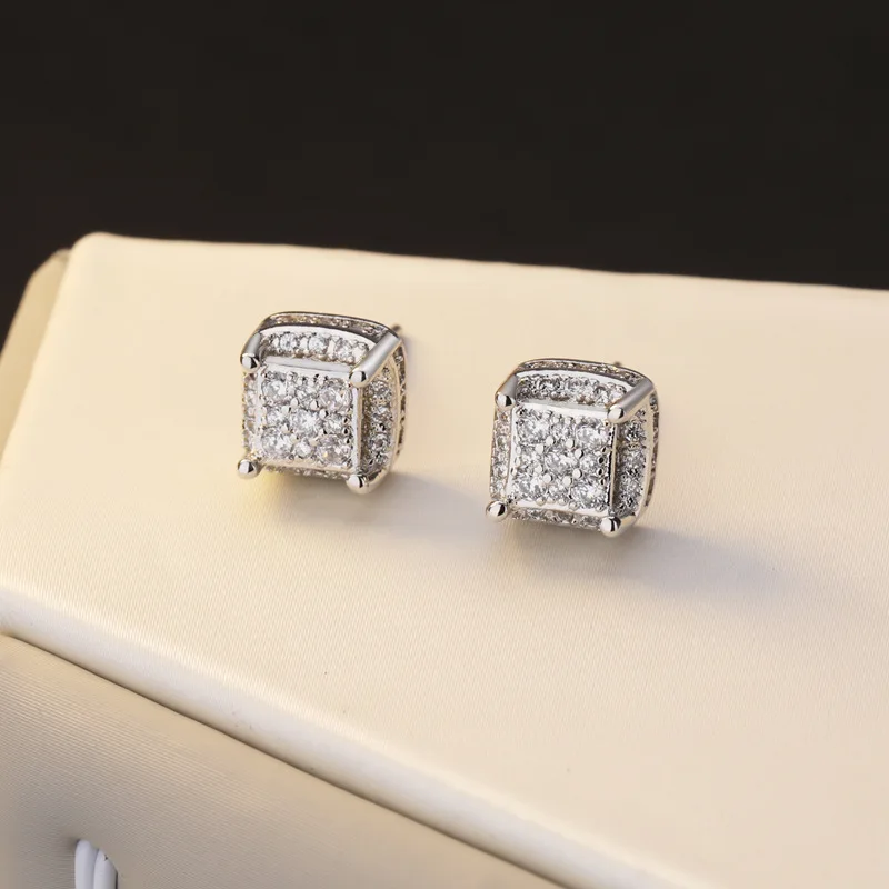 

OMHXZJ Wholesale European Fashion Woman Girl Party Wedding Gift Square Zircon 18KT White Gold Yellow Gold Stud Earrings EA195