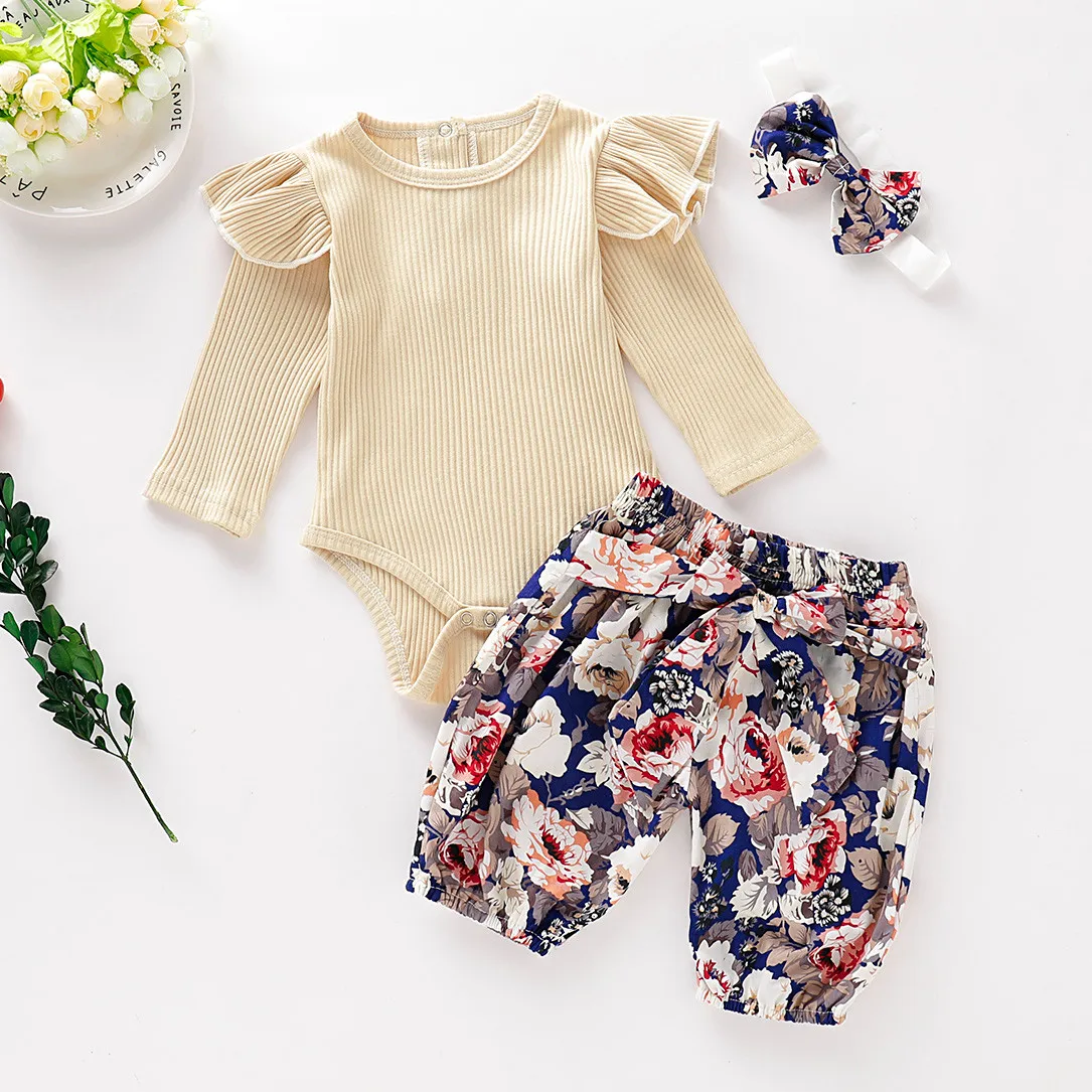 Children Clothing Set Toddler Baby Kids Girls Soild Long Sleeve Romper+Print Pants Girls Autumn Outfits Costume Set C50