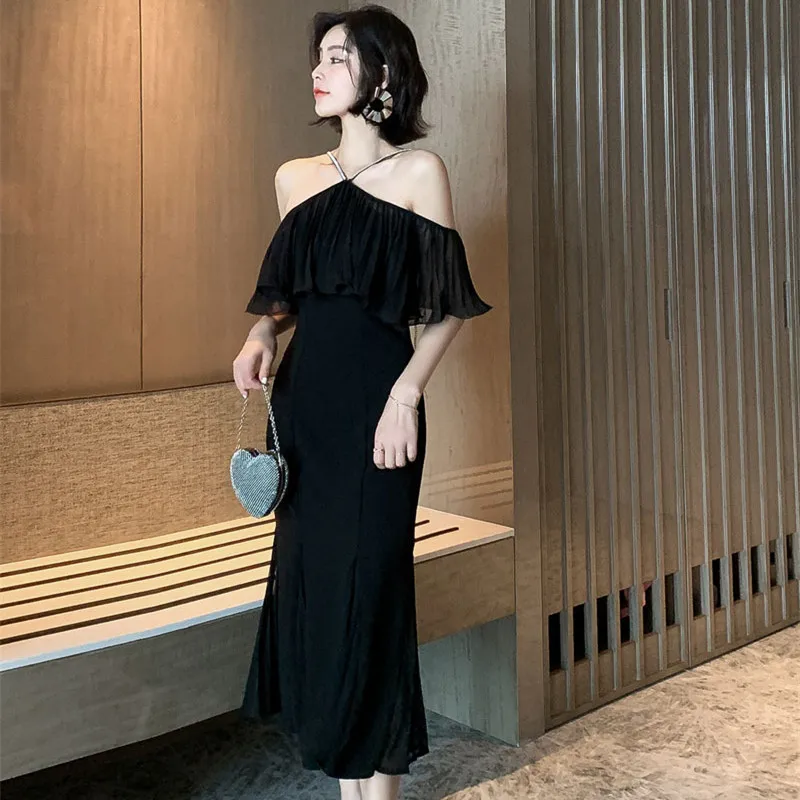 

Женское черное платье с открытыми плечами, с оборками, летнее Клубное Бандажное сексуальное вечернее платье-Русалка