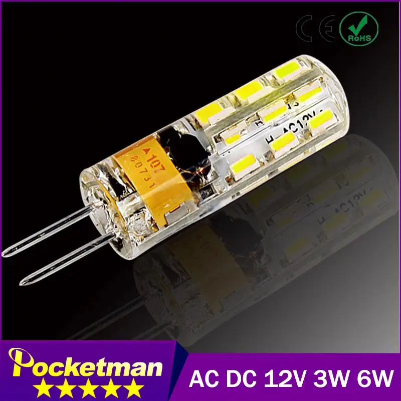 G4 LED 12 В AC DC 3 Вт 6 диммируемая Светодиодная лампа 24/48 светодиодов 3014 накаливания SMD